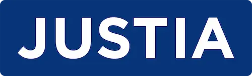 Justia logo in white on blue background